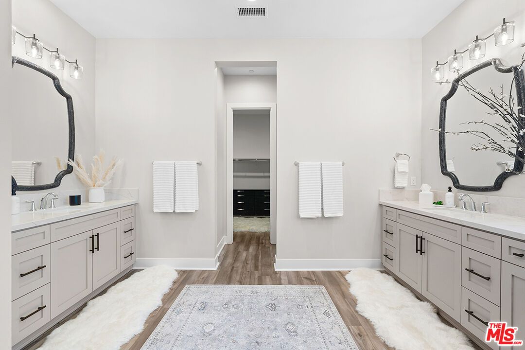 Bathroom, Dual Sink Vanities, Interior, Wood Texture Flooring