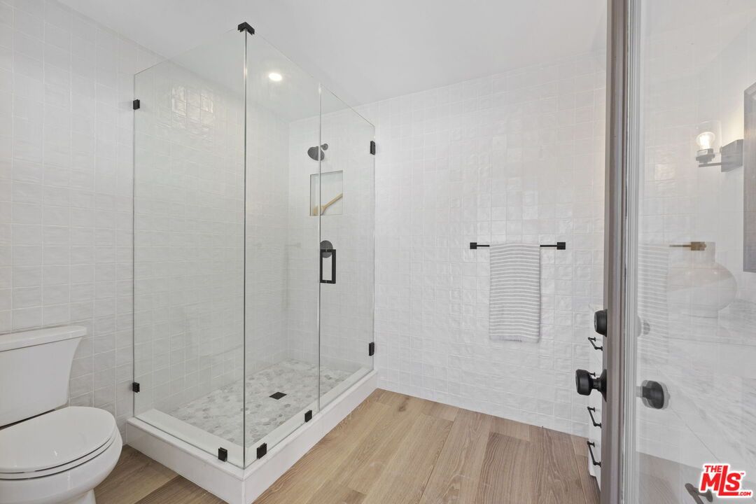 Bathroom, Glass Shower, Interior, Recessed Lighting, Wood Texture Flooring