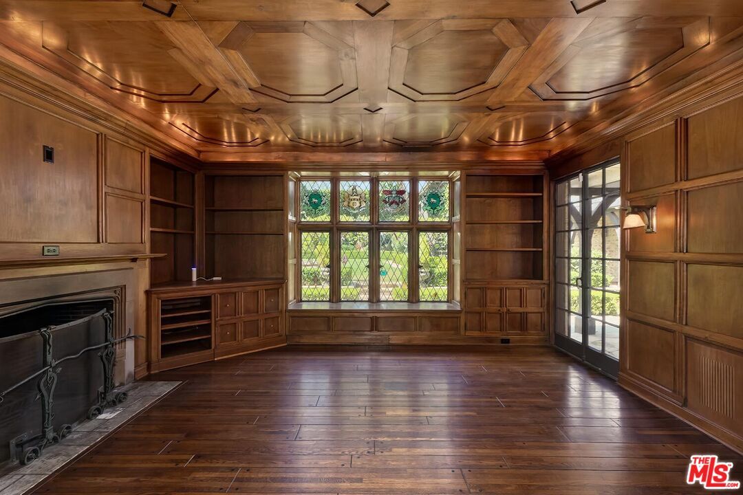 Empty room, Fireplace, Interior, Recessed Lighting, Wooden Ceilings, Wood Texture Flooring, Wooden Walls