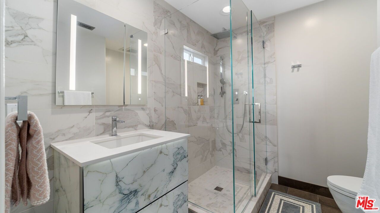 Bathroom, Glass Shower, Interior, Marble Walls, Recessed Lighting