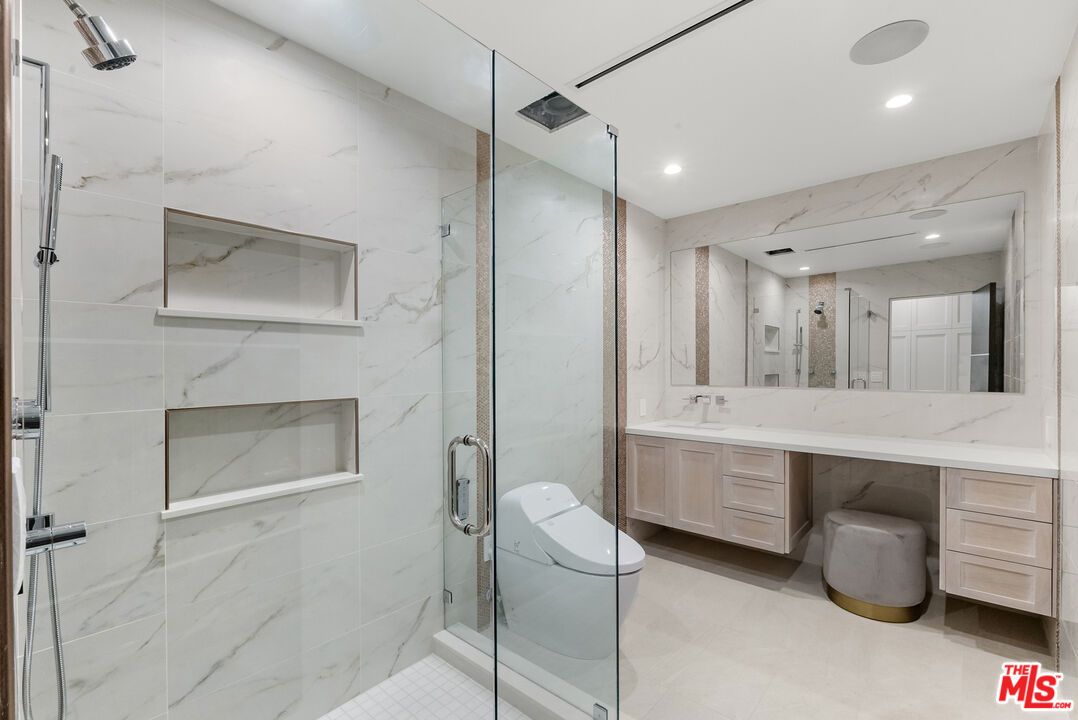 Bathroom, Glass Shower, Interior, Marble Walls, Recessed Lighting