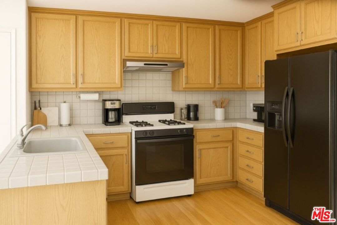 Interior, Kitchen, Tile Countertops, Wood Texture Flooring