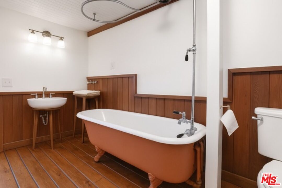 Bathroom, Free Standing Baths, Interior, Wood Texture Flooring, Wooden Walls
