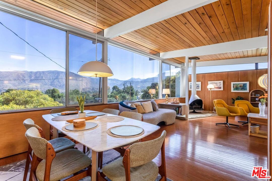 Dining room, Fireplace, Interior, Living room, Pendant Lights, Wooden Ceilings, Wood Texture Flooring, Wooden Walls