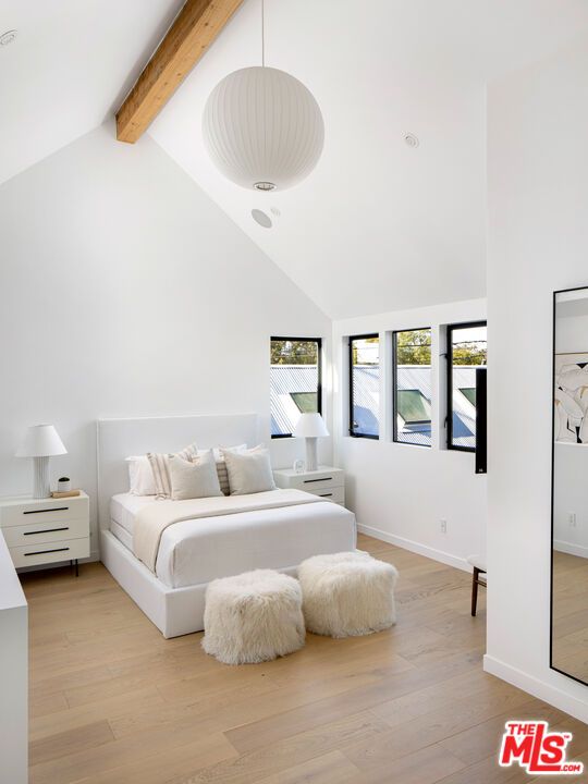 Bedroom, Interior, Pendant Lights, Wooden Beams, Wood Texture Flooring