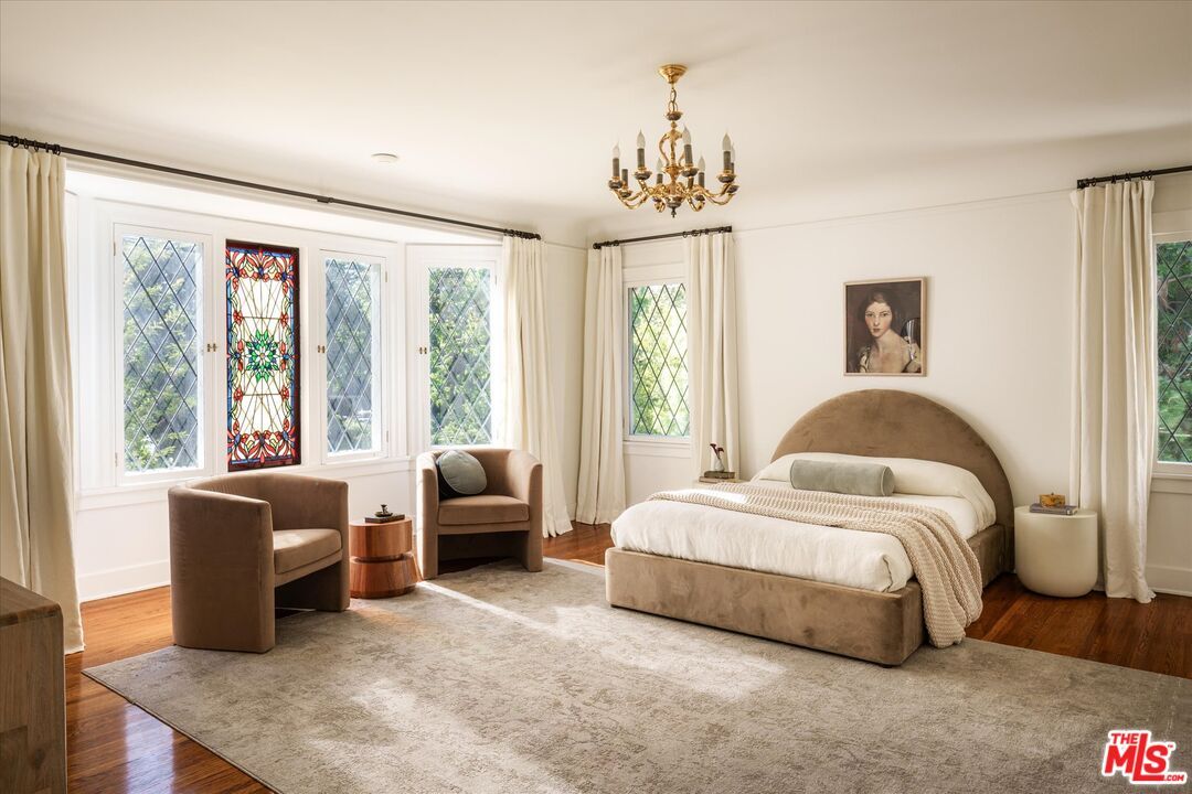 Bedroom, Chandelier, Interior, Wood Texture Flooring