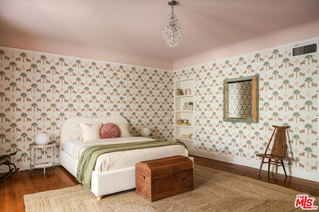 Bedroom, Chandelier, Interior, Wood Texture Flooring