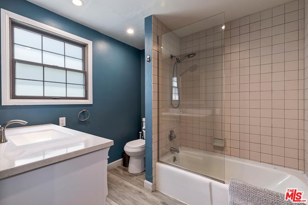 Bathroom, Glass Shower, Interior, Recessed Lighting, Wood Texture Flooring