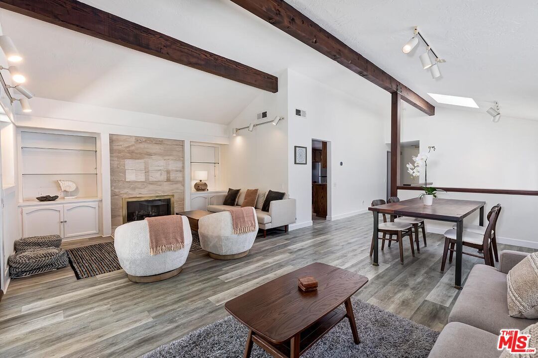 Dining room, Fireplace, Interior, Living room, Wooden Beams, Wood Texture Flooring