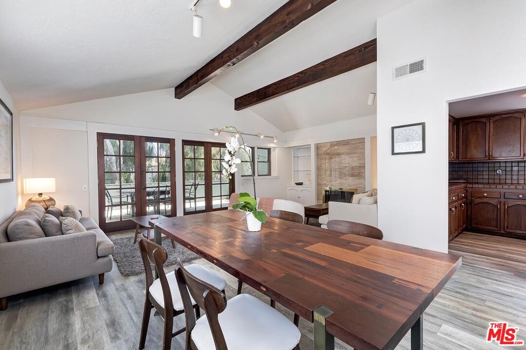 Dining room, Fireplace, Interior, Living room, Wooden Beams, Wood Texture Flooring