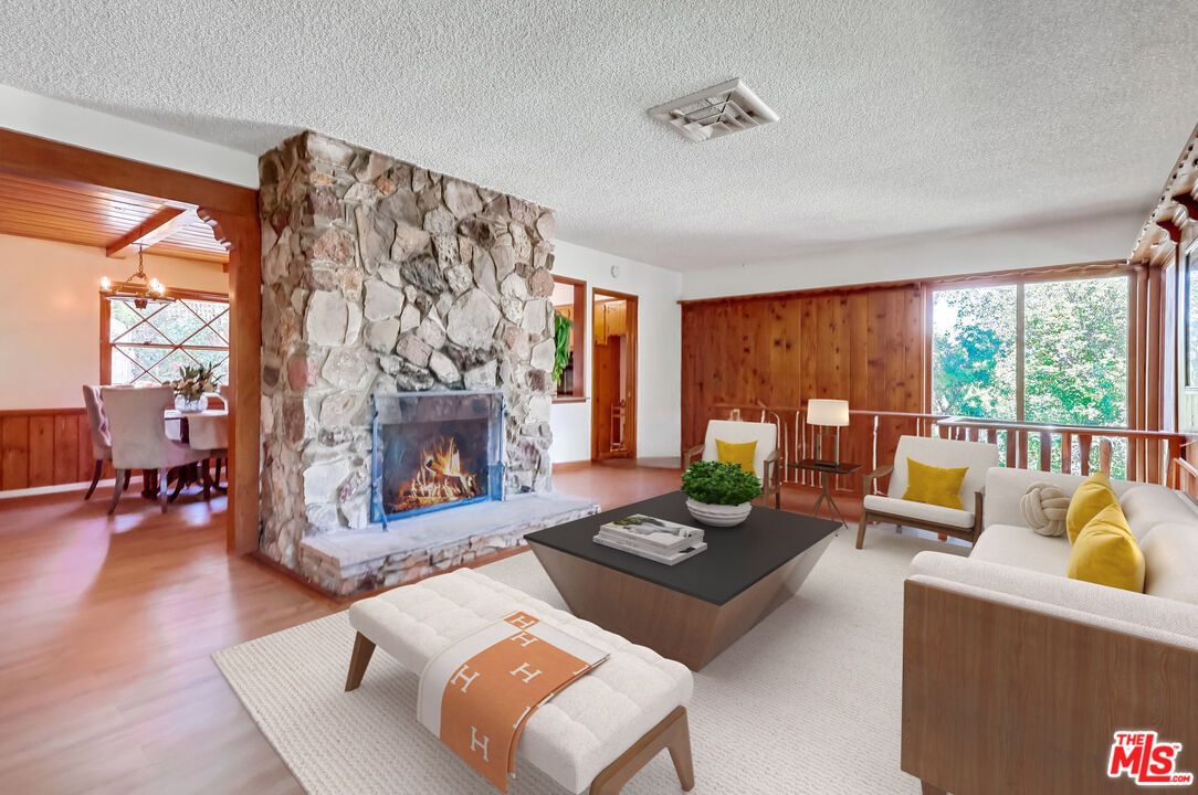 Dining room, Fireplace, Interior, Living room, Stone Walls, Wood Texture Flooring, Wooden Walls