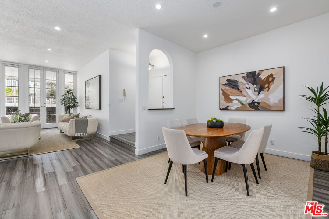 Dining room, Interior, Living room, Recessed Lighting, Wood Texture Flooring