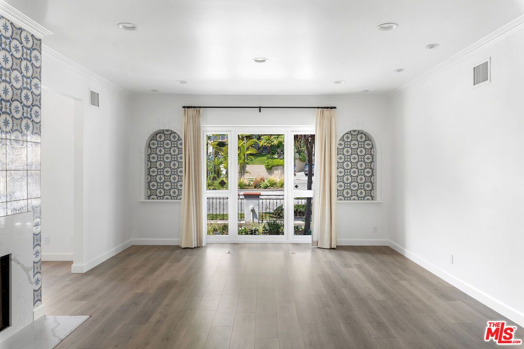Empty room, Fireplace, Interior, Recessed Lighting, Wood Texture Flooring