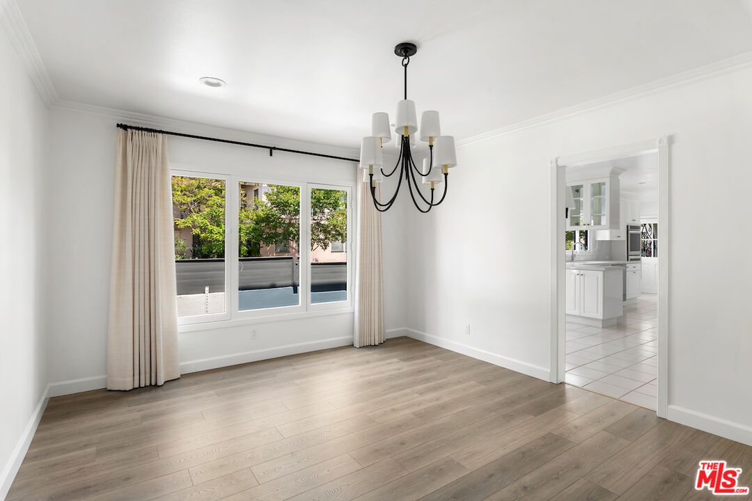 Chandelier, Empty room, Interior, Kitchen, Pendant Lights, Recessed Lighting, Wood Texture Flooring