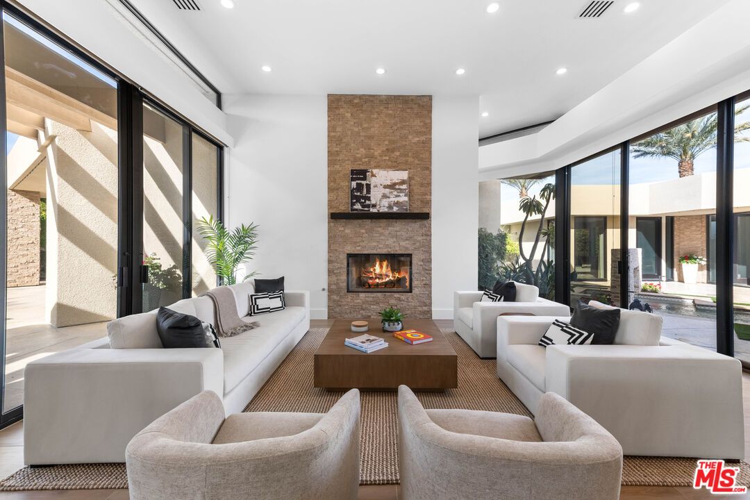 Fireplace, Interior, Living room, Recessed Lighting, Stone Walls