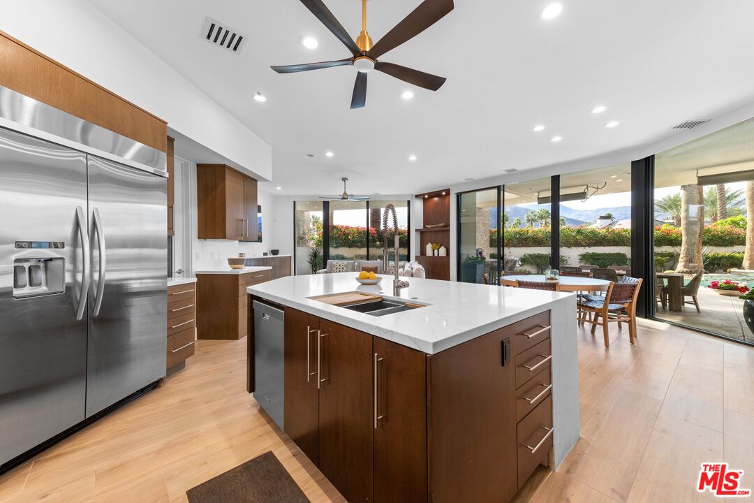 Dining room, Interior, Kitchen, Recessed Lighting, Stainless Steel Appliances, Wood Texture Flooring