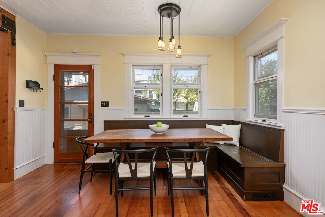 Dining room, Interior, Pendant Lights, Wood Texture Flooring