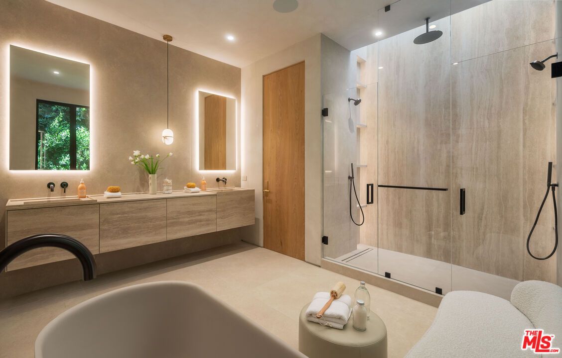 Bathroom, Dual Sink Vanities, Glass Shower, Interior, Pendant Lights, Recessed Lighting