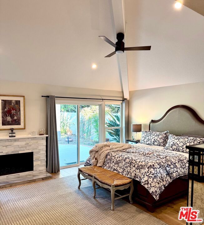 Bedroom, Fireplace, Interior, Recessed Lighting, Wood Texture Flooring