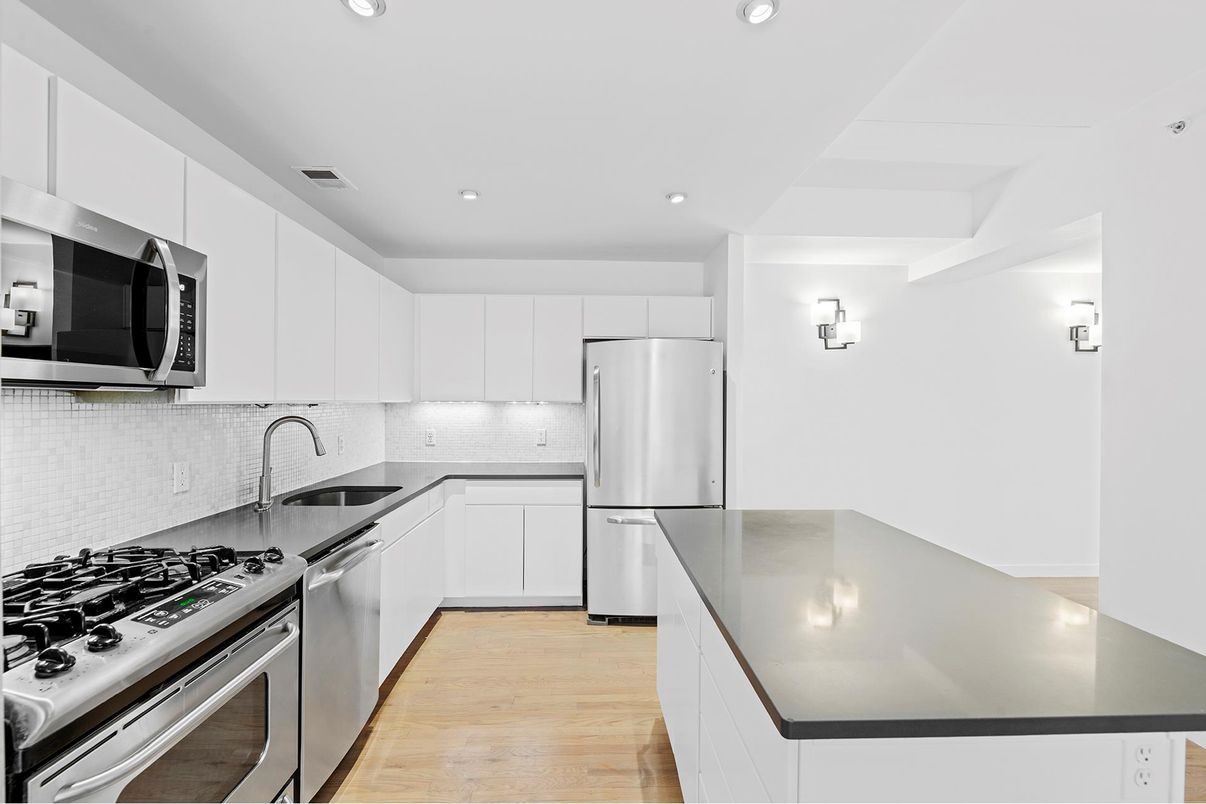 Interior, Kitchen, Recessed Lighting, Stainless Steel Appliances, Wood Texture Flooring