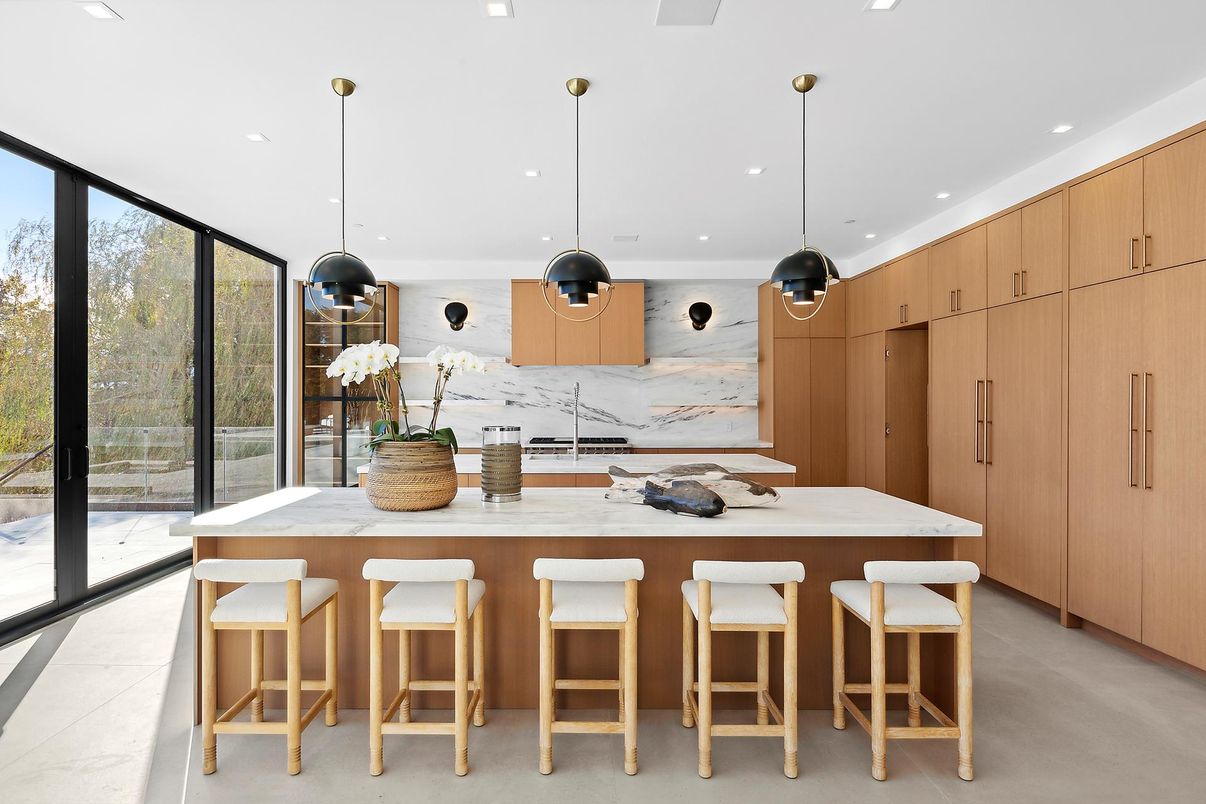 Interior, Kitchen, Marble Walls, Pendant Lights, Recessed Lighting