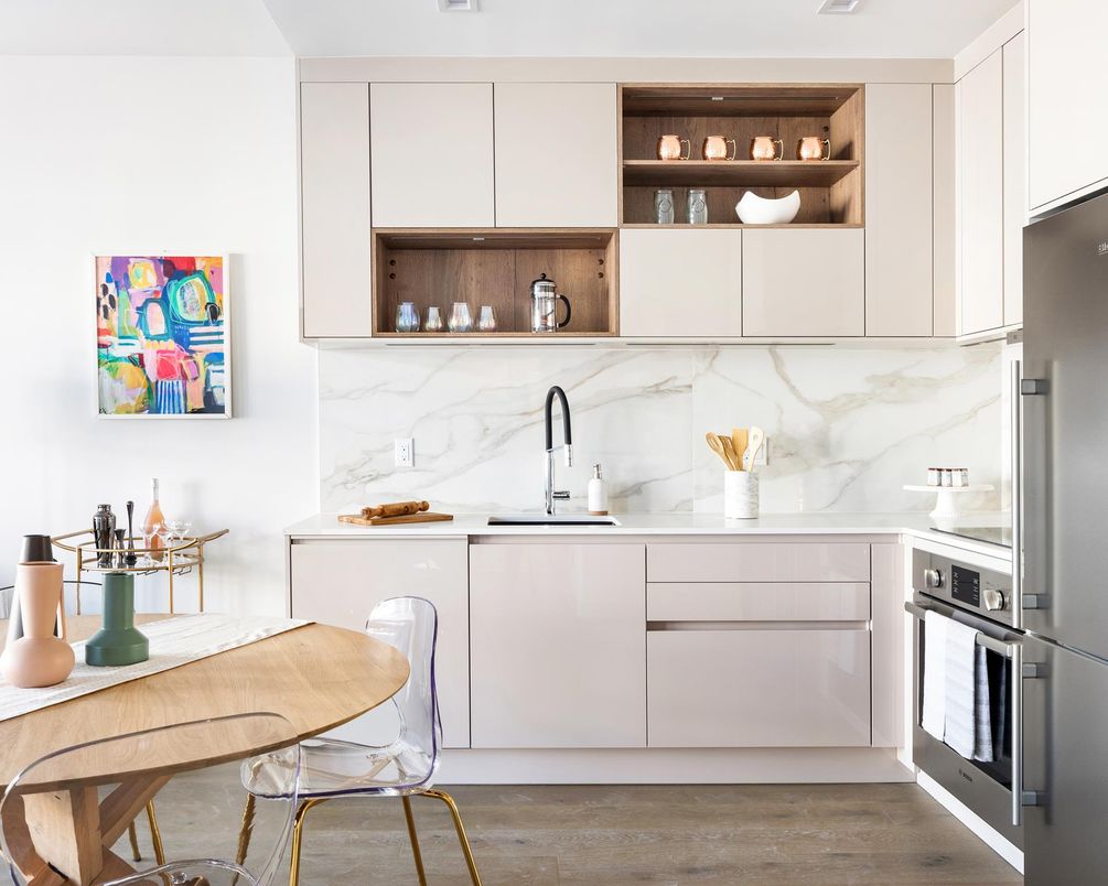 Interior, Kitchen, Marble Walls, Stainless Steel Appliances, Wood Texture Flooring