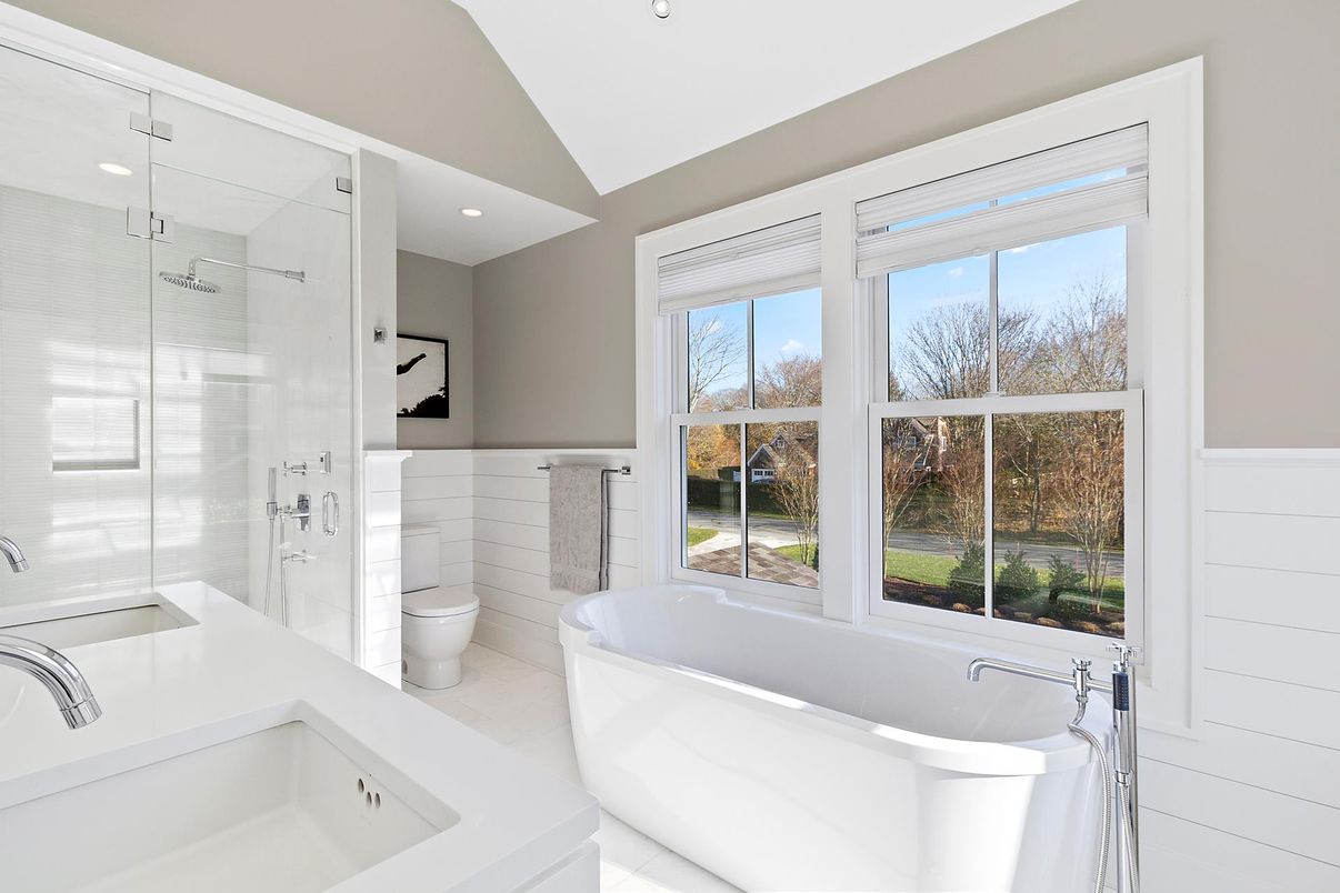 Bathroom, Free Standing Baths, Glass Shower, Interior, Recessed Lighting
