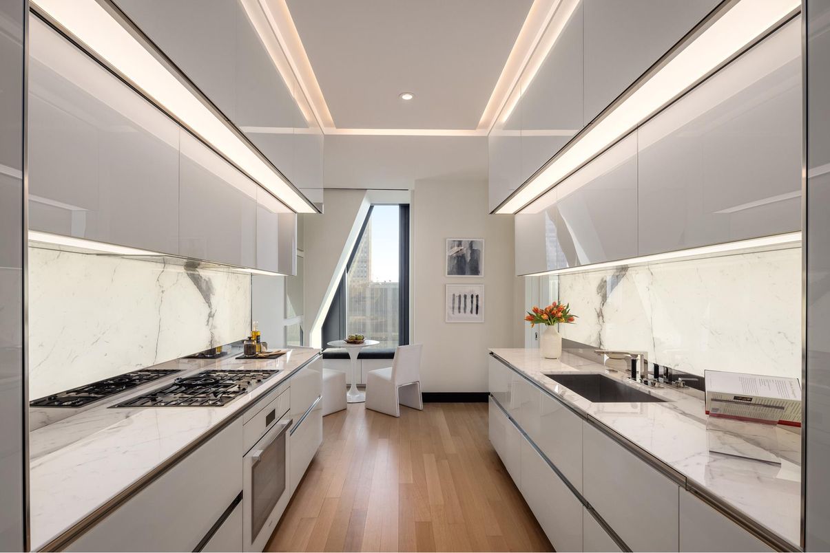 Interior, Kitchen, Marble Walls, Recessed Lighting, Wood Texture Flooring