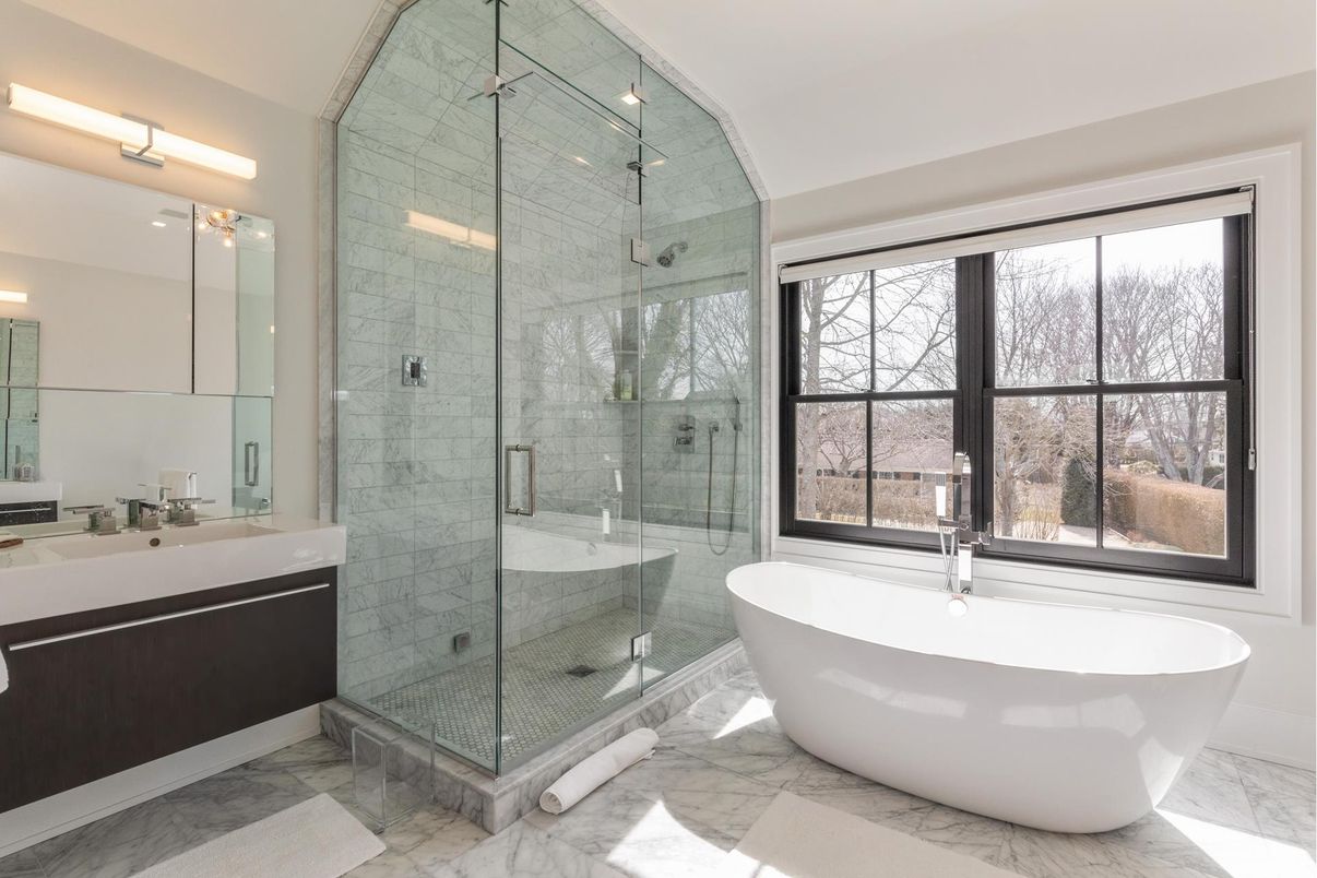 Bathroom, Free Standing Baths, Glass Shower, Interior, Marble, Marble Walls