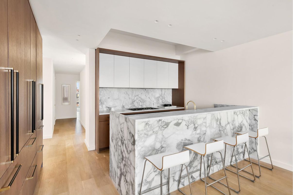 Interior, Kitchen, Marble Walls, Recessed Lighting, Stainless Steel Appliances, Wood Texture Flooring