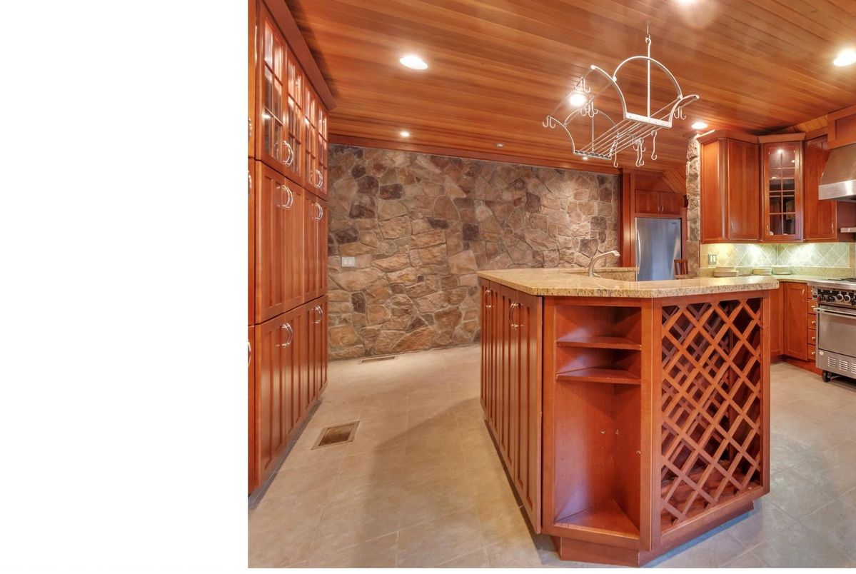 Interior, Kitchen, Recessed Lighting, Stainless Steel Appliances, Stone Walls, Wooden Ceilings