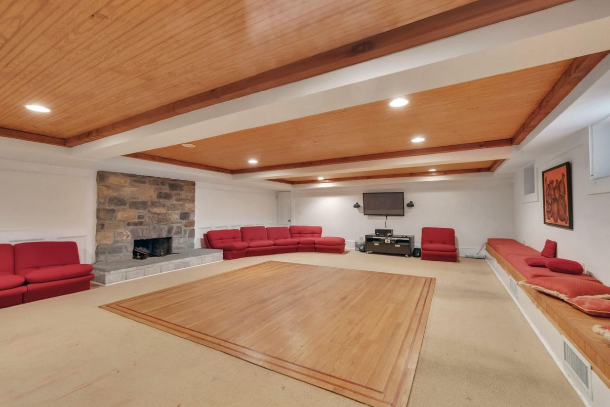 Fireplace, Interior, Living room, Recessed Lighting, Stone Walls, Wooden Ceilings