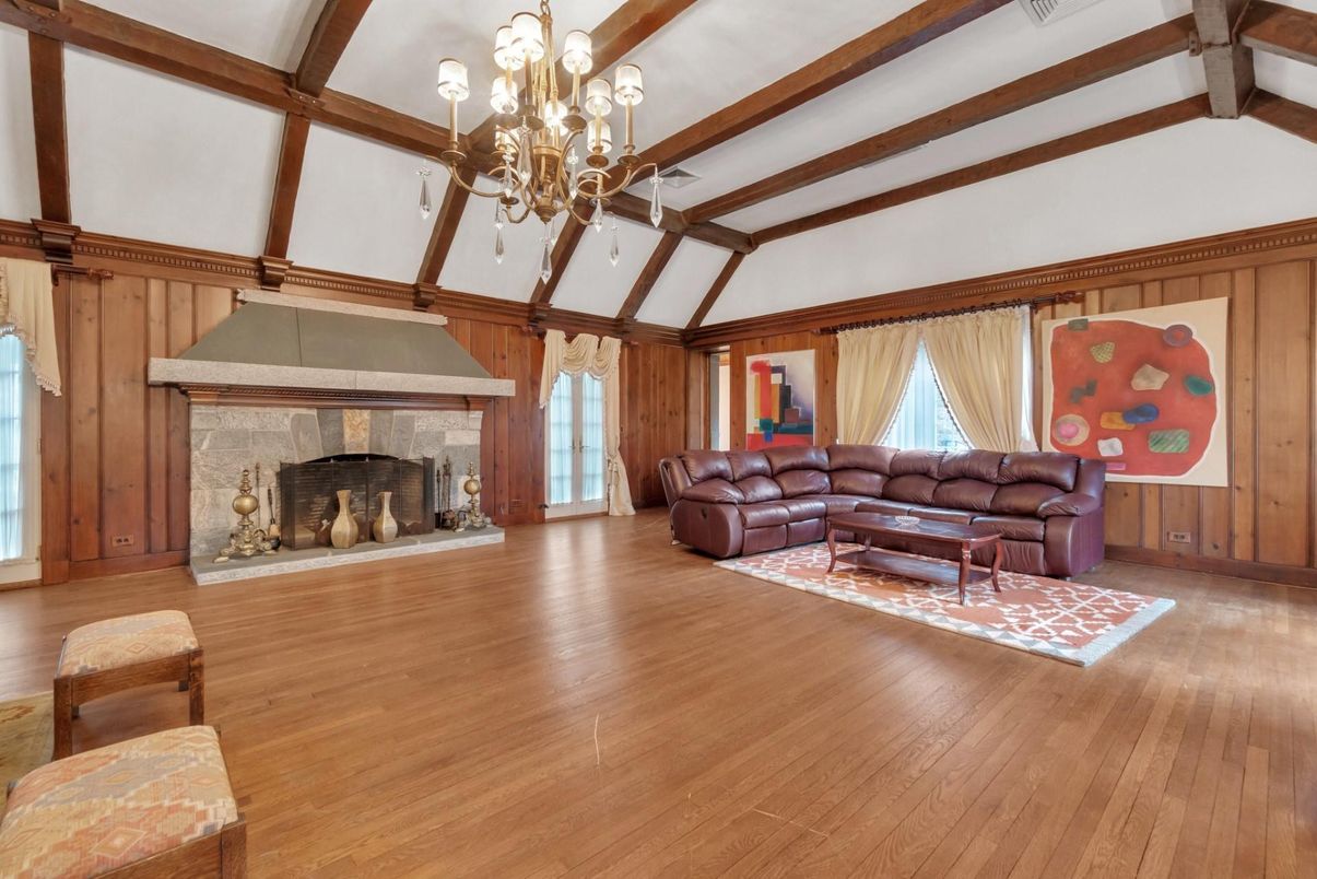 Chandelier, Fireplace, Interior, Living room, Wooden Beams, Wood Texture Flooring, Wooden Walls