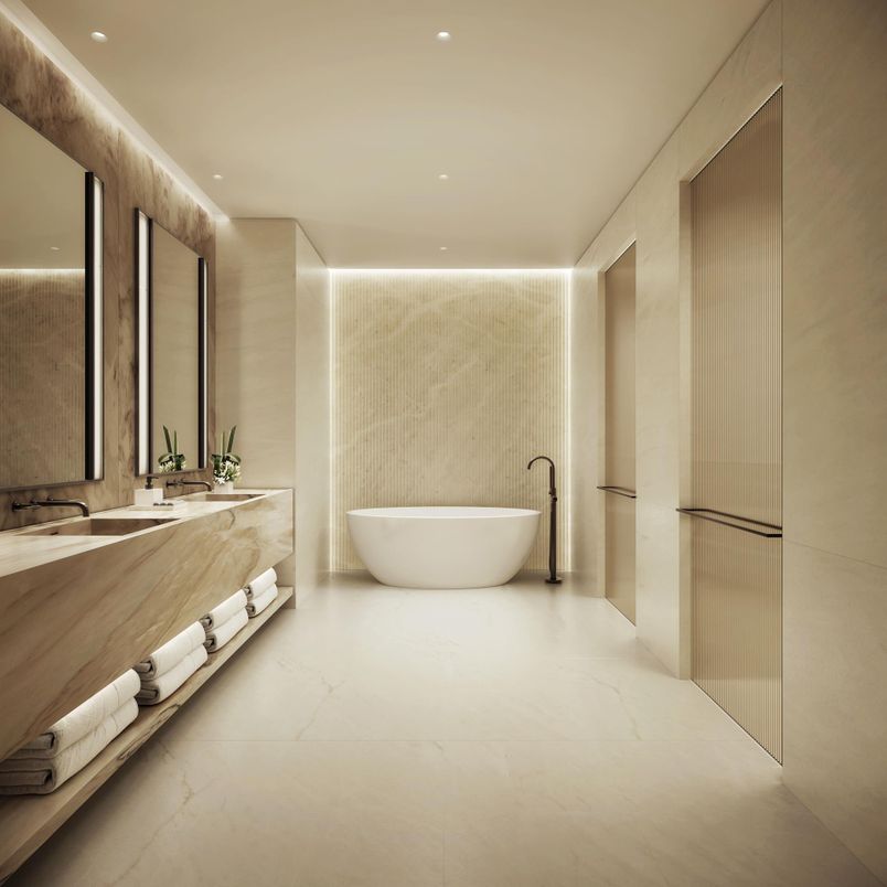 Bathroom, Dual Sink Vanities, Free Standing Baths, Interior, Marble, Recessed Lighting
