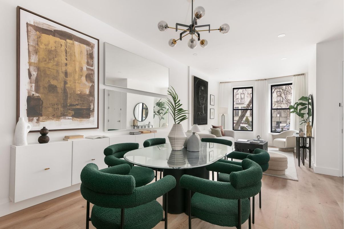 Dining room, Interior, Living room, Pendant Lights, Recessed Lighting, Wood Texture Flooring