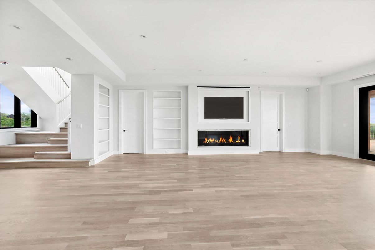 Empty room, Fireplace, Interior, Recessed Lighting, Wood Texture Flooring