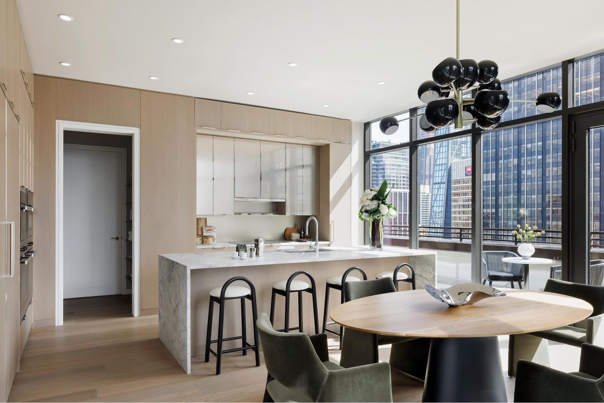 Dining room, Interior, Kitchen, Pendant Lights, Recessed Lighting, Wood Texture Flooring