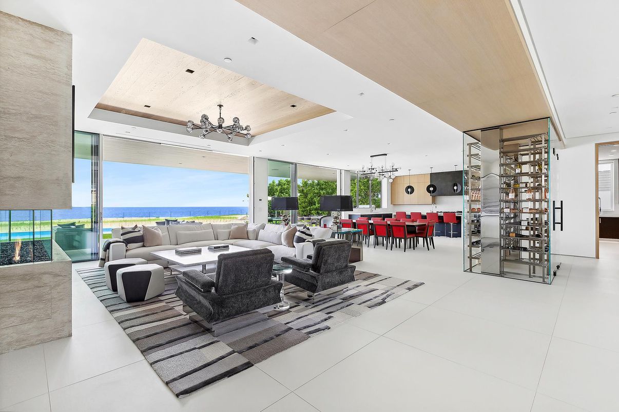 Dining room, Interior, Living room, Pendant Lights, Recessed Lighting, Water, Wooden Ceilings