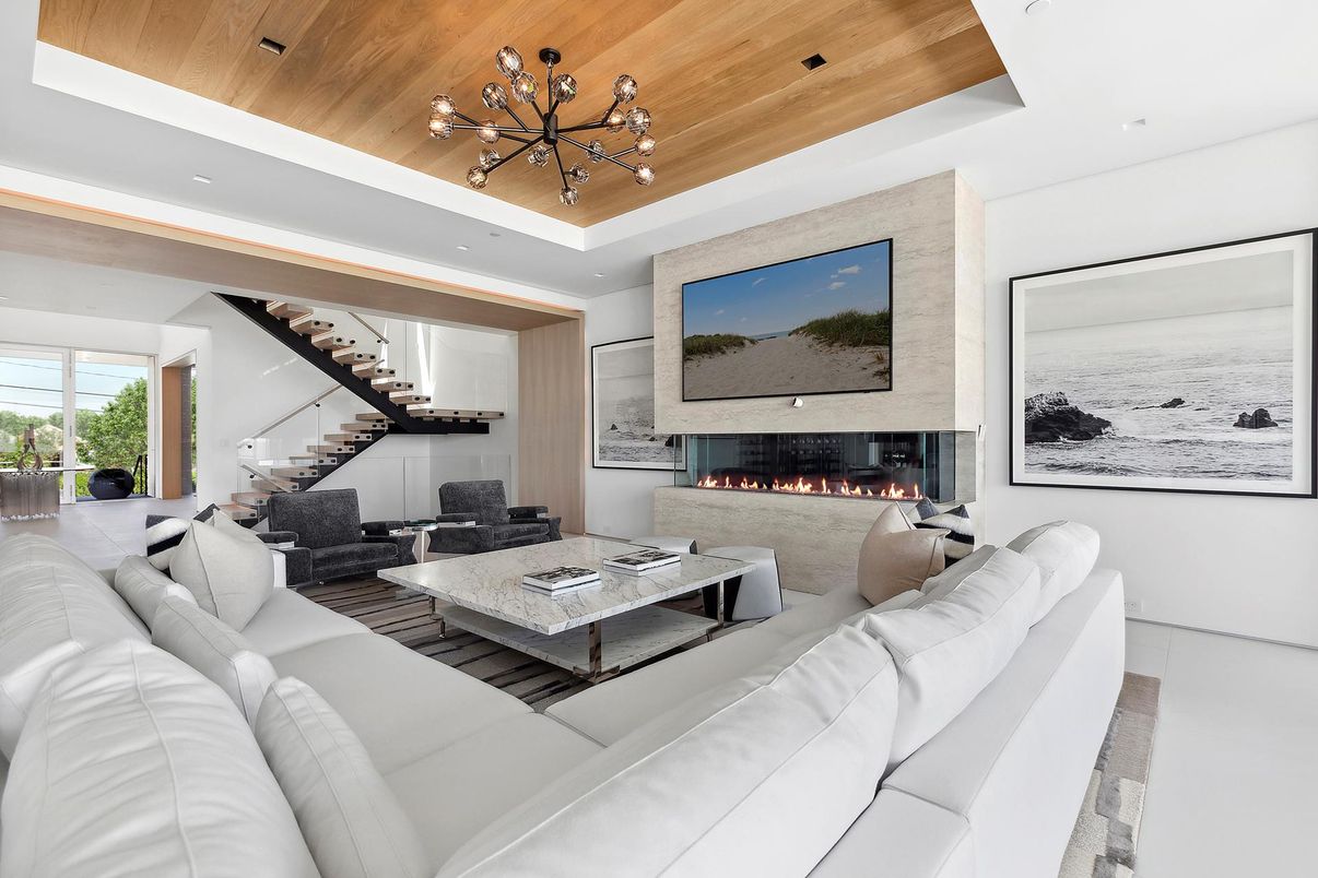 Fireplace, Interior, Living room, Recessed Lighting, Wooden Ceilings, Wood Texture Flooring