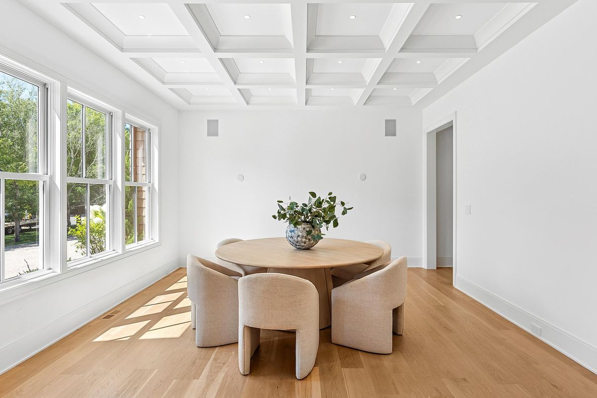 Dining room, Interior, Recessed Lighting, Wood Texture Flooring