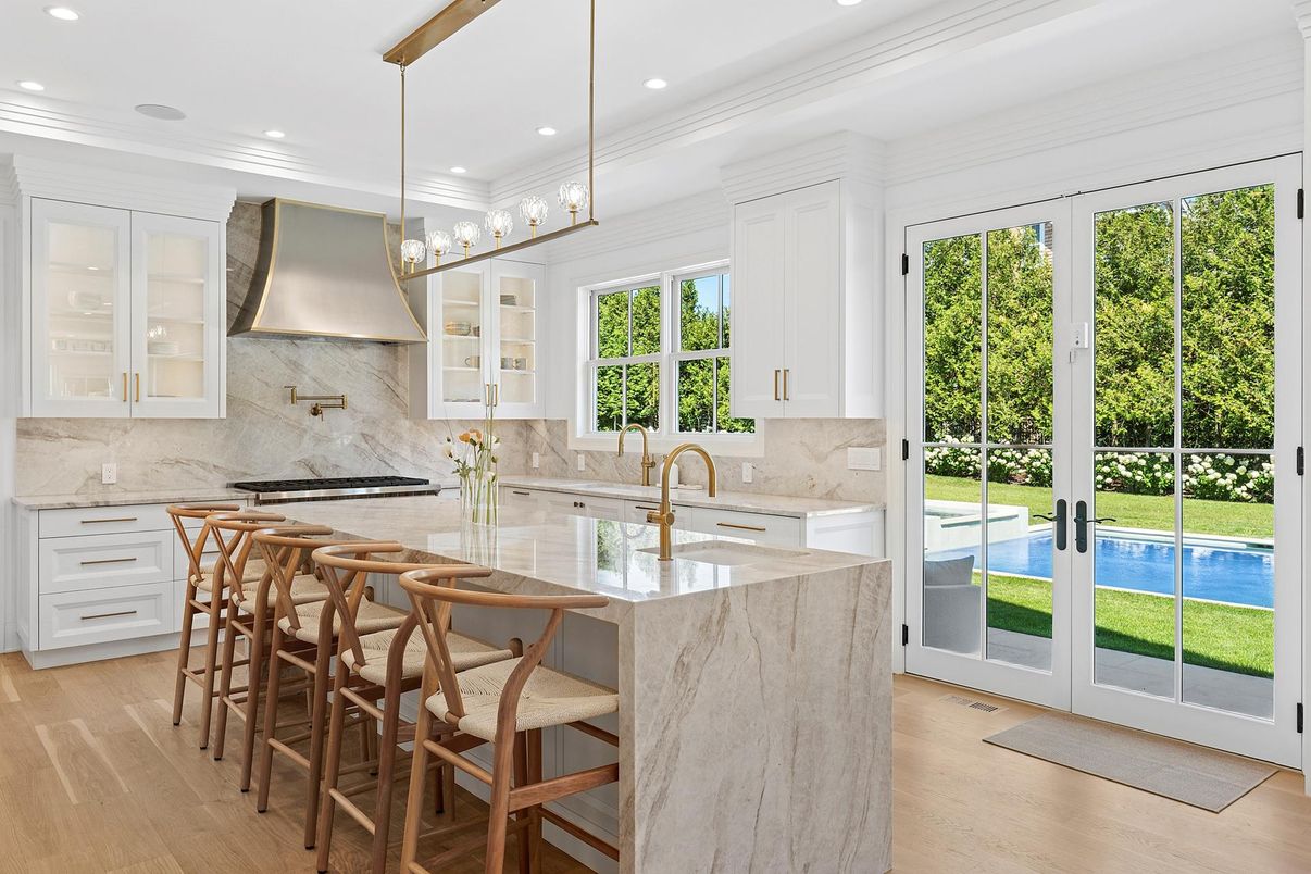 Interior, Kitchen, Marble Walls, Pendant Lights, Recessed Lighting, Wood Texture Flooring