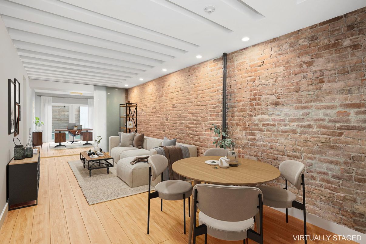 Dining room, Interior, Living room, Recessed Lighting, Stone Walls, Wood Texture Flooring