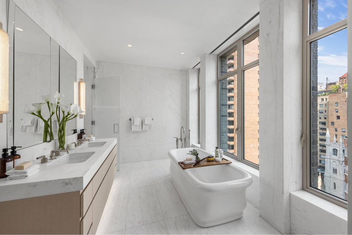 Bathroom, Dual Sink Vanities, Interior, Marble, Marble Walls, Recessed Lighting