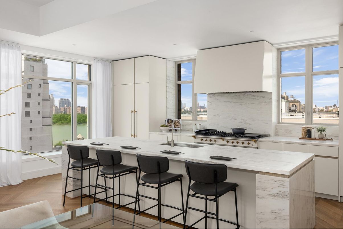 Interior, Kitchen, Marble Walls, Recessed Lighting, Stainless Steel Appliances, Wood Texture Flooring