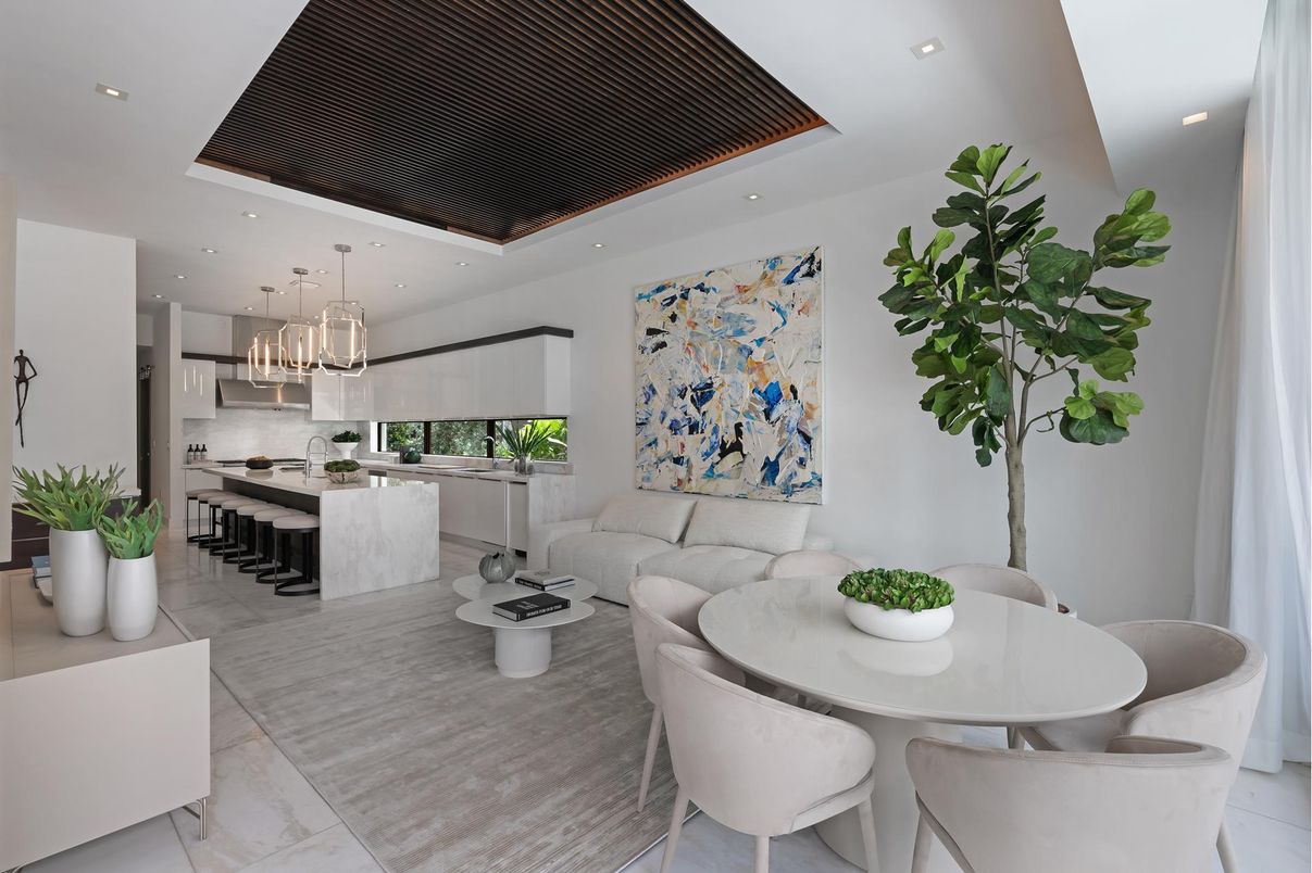 Dining room, Interior, Kitchen, Living room, Marble, Pendant Lights, Recessed Lighting, Stainless Steel Appliances