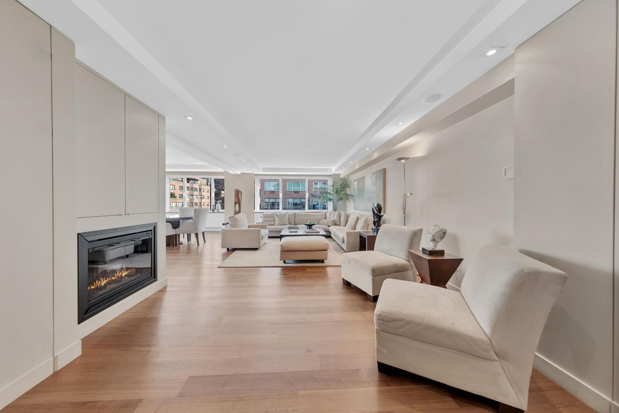 Fireplace, Interior, Living room, Recessed Lighting, Wood Texture Flooring