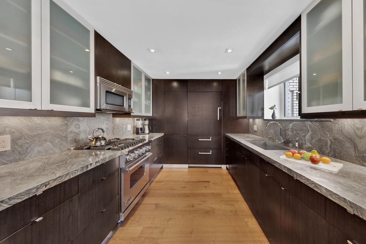 Interior, Kitchen, Recessed Lighting, Stainless Steel Appliances, Wood Texture Flooring