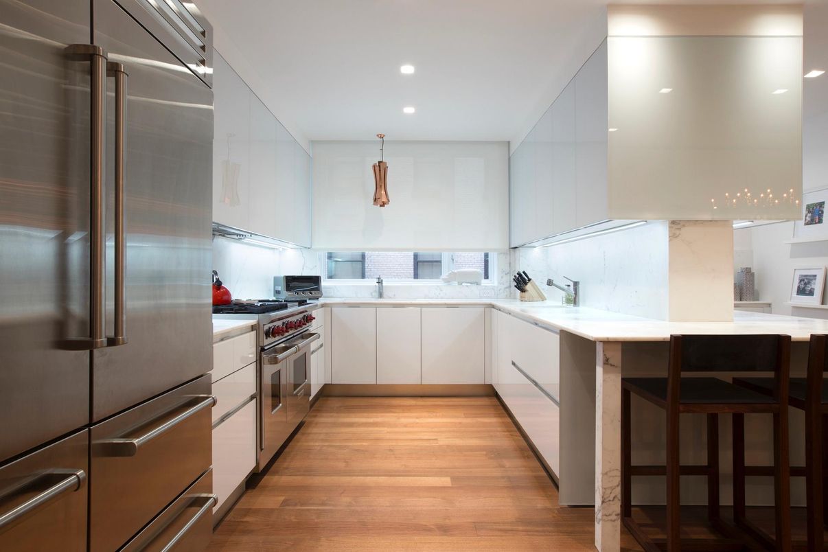Interior, Kitchen, Recessed Lighting, Stainless Steel Appliances, Wood Texture Flooring