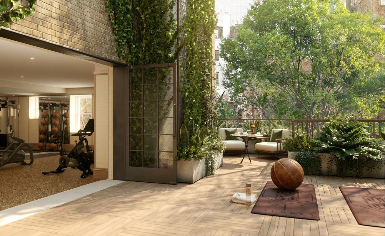 Fitness Equipment, Interior, Recessed Lighting, Stone Walls, Wood Texture Flooring