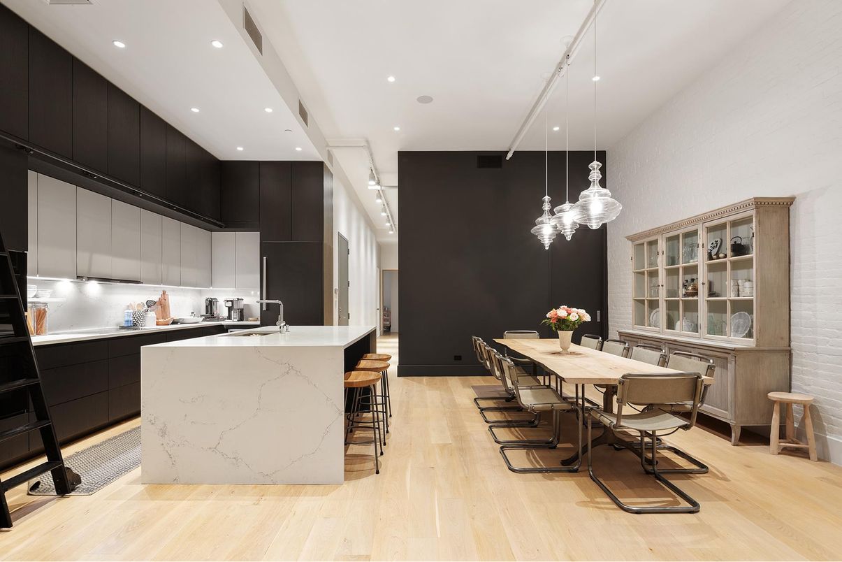 Dining room, Interior, Kitchen, Pendant Lights, Recessed Lighting, Wood Texture Flooring